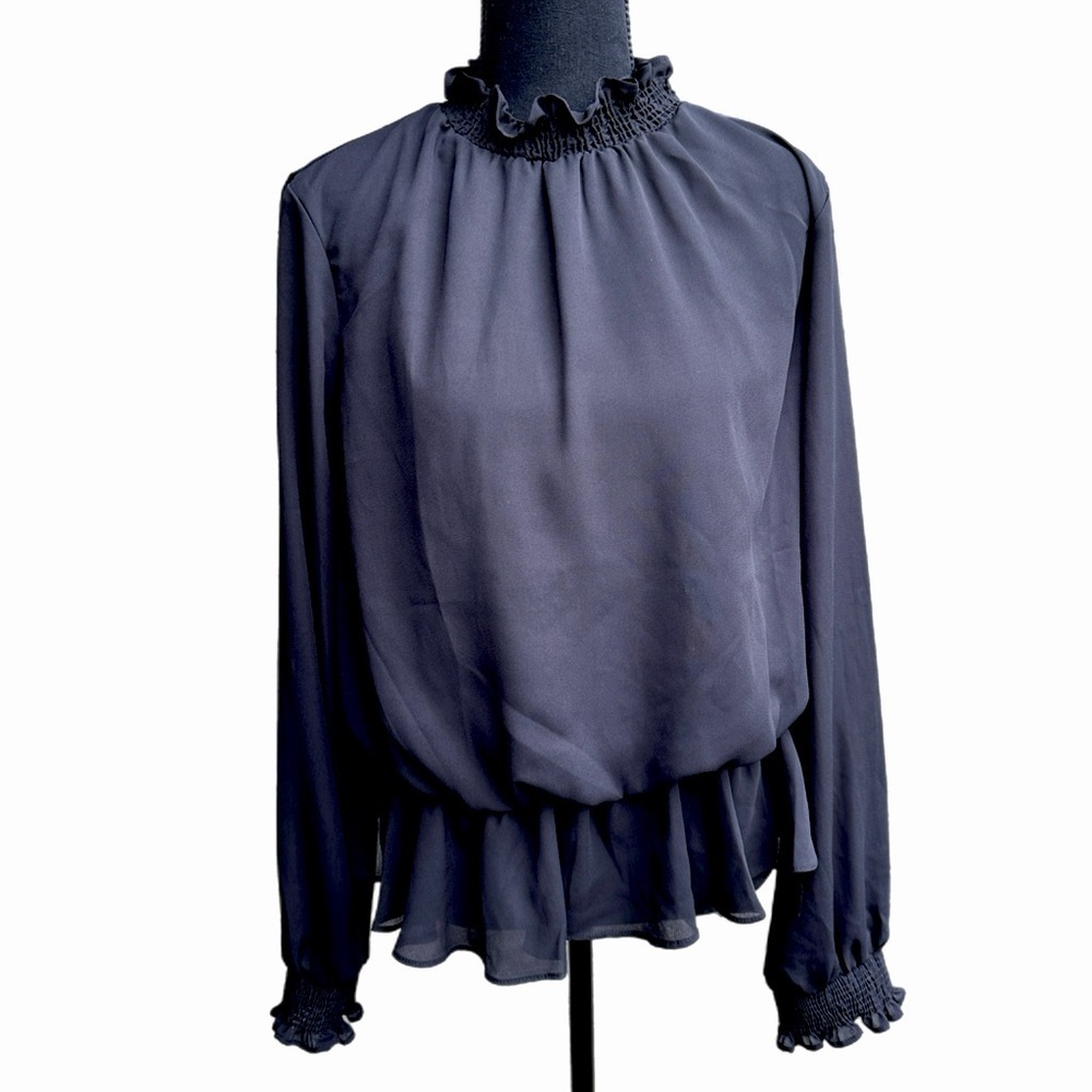 NWT Black Cinched Waist Blouse – Long‎ Sleeve Top L - Picture 2 of 11